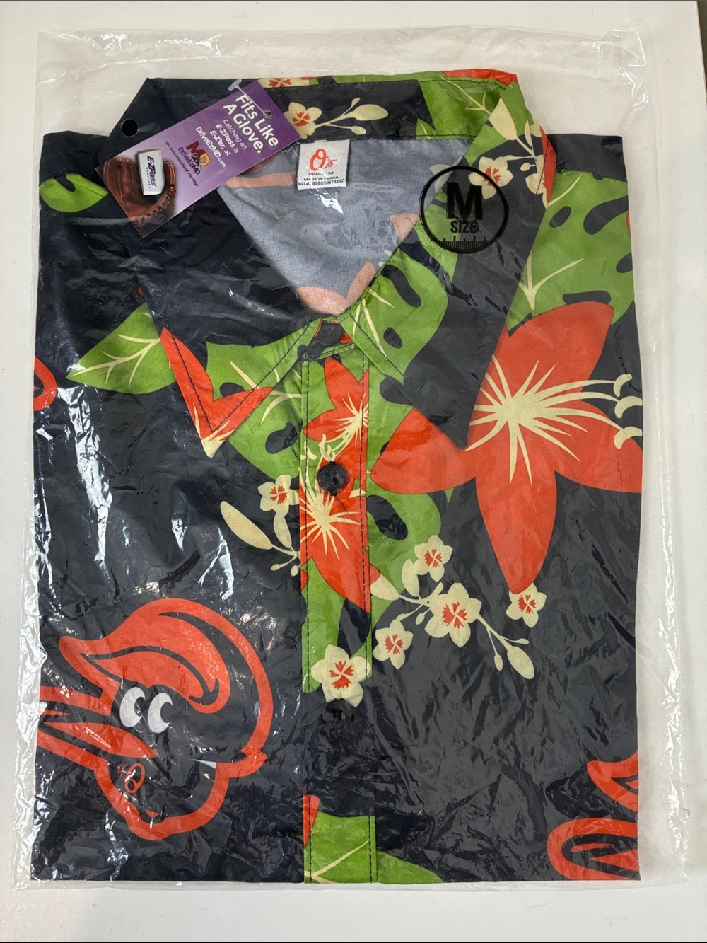 SEALED Baltimore Orioles Giveaway Black Hawaiian Floral Button Front Medium